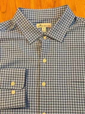 Peter‎ Millar Men's Long Sleeve Dress Shirt XL Performance Stretch blue check